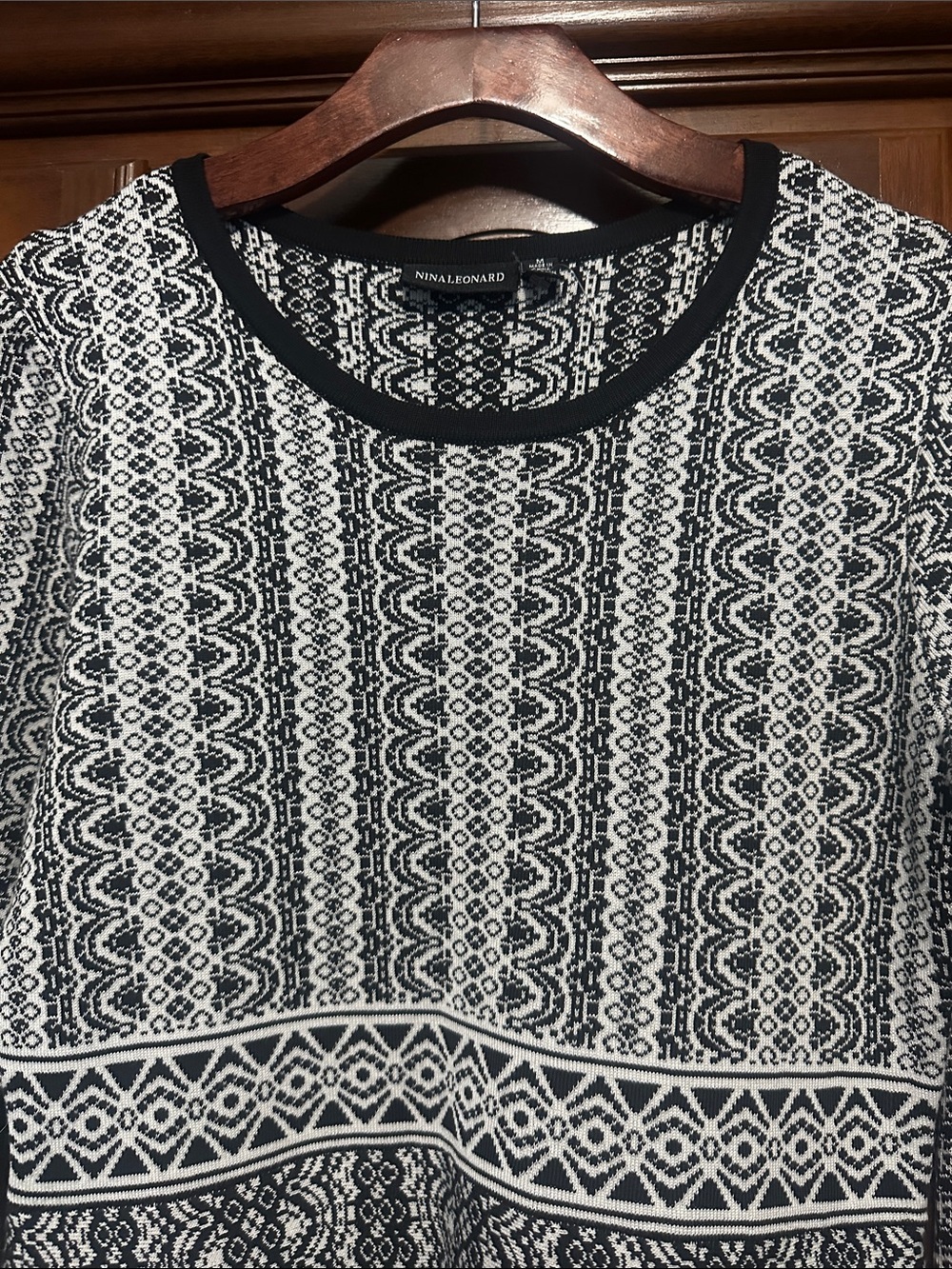 Black & White Patterned Long-Sleeve Fit-and-Flare Dress - Picture 3 of 6